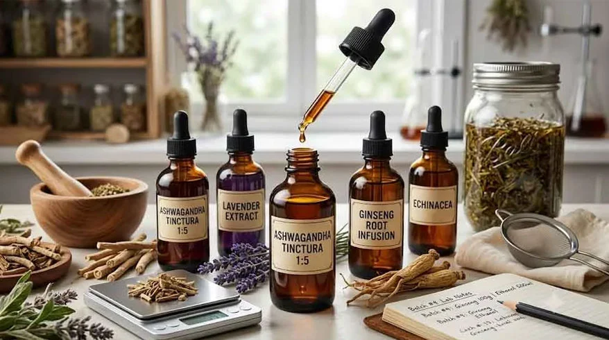 Amber glass dropper bottles filled with herbal tinctures next to dried botanical ingredients.