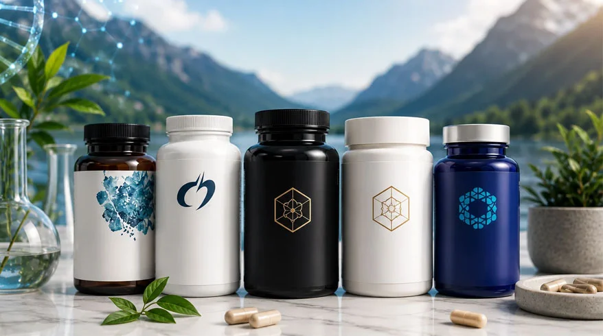 Selection of premium longevity supplement bottles from various brands arranged on a table.